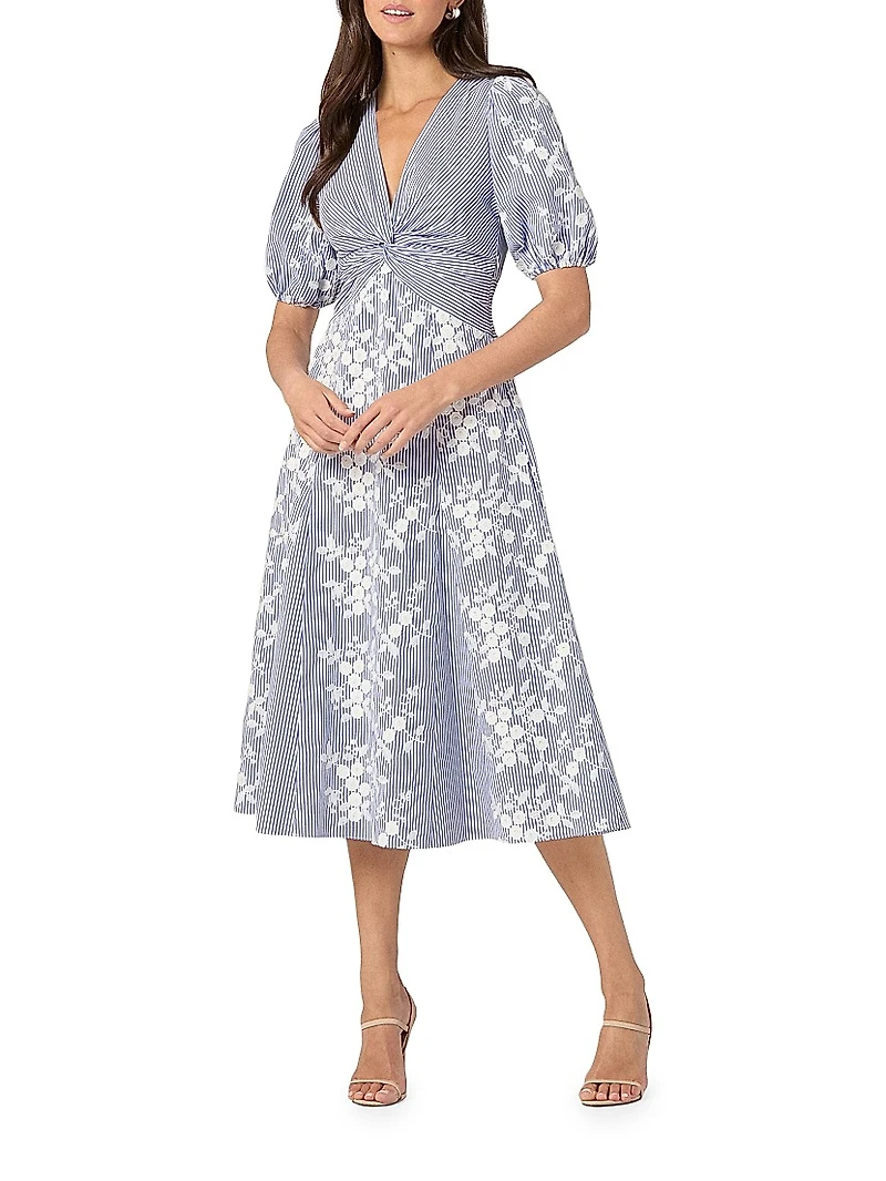 Dion Embroidered Puff-Sleeve Midi-Dress
