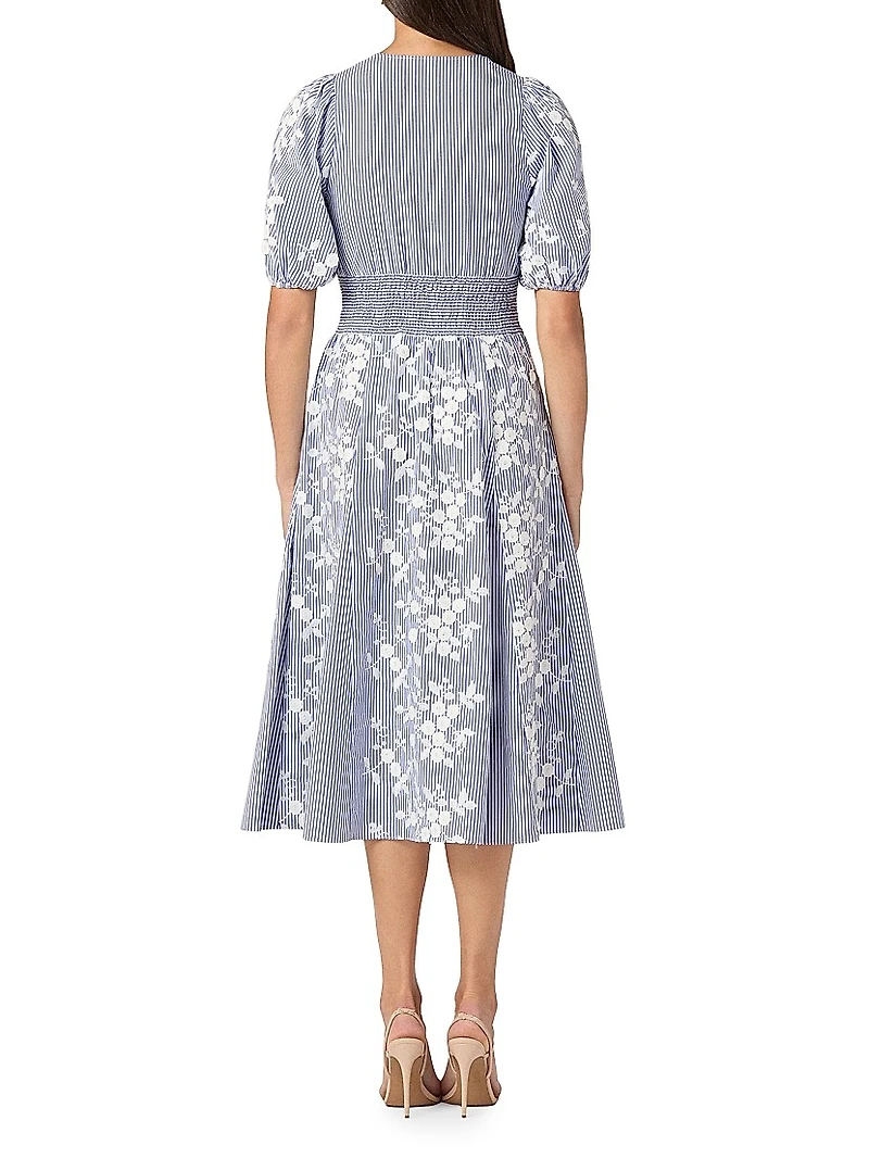 Dion Embroidered Puff-Sleeve Midi-Dress