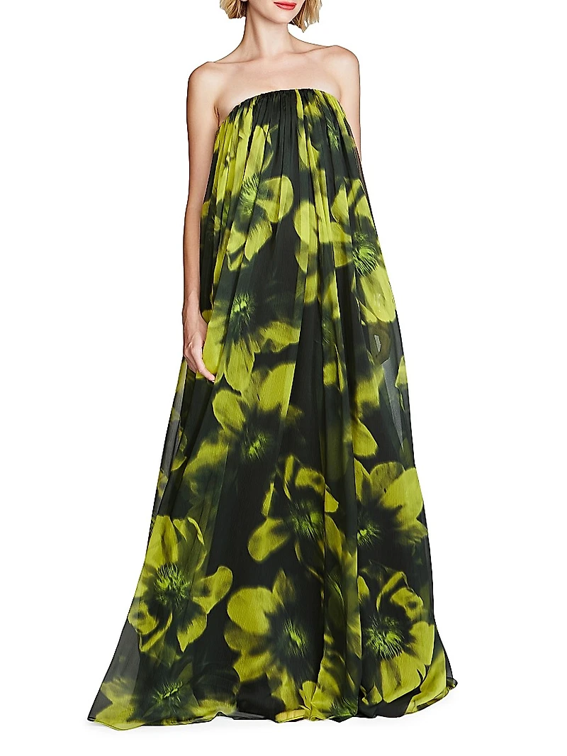 Claudette Floral Chiffon Strapless Gown
