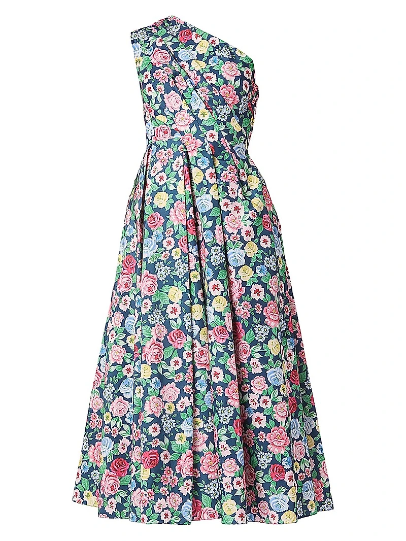 Edina Floral Pleated One-Shoulder Midi-Dress