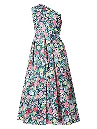 Edina Floral Pleated One-Shoulder Midi-Dress
