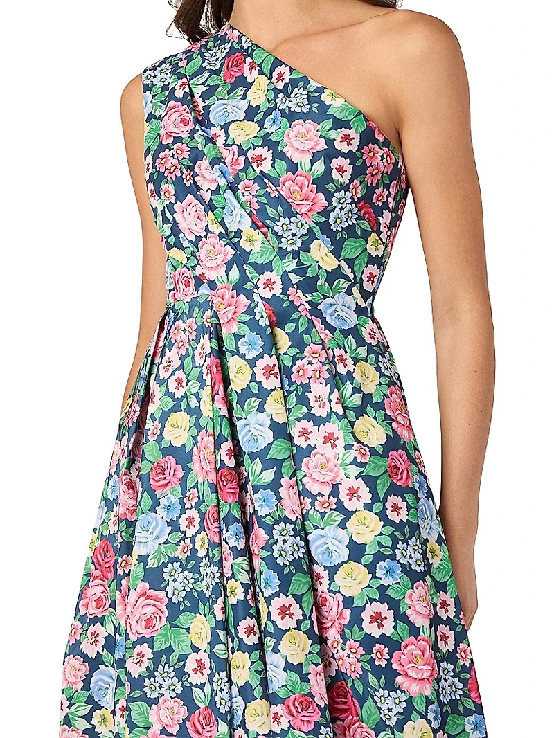 Edina Floral Pleated One-Shoulder Midi-Dress