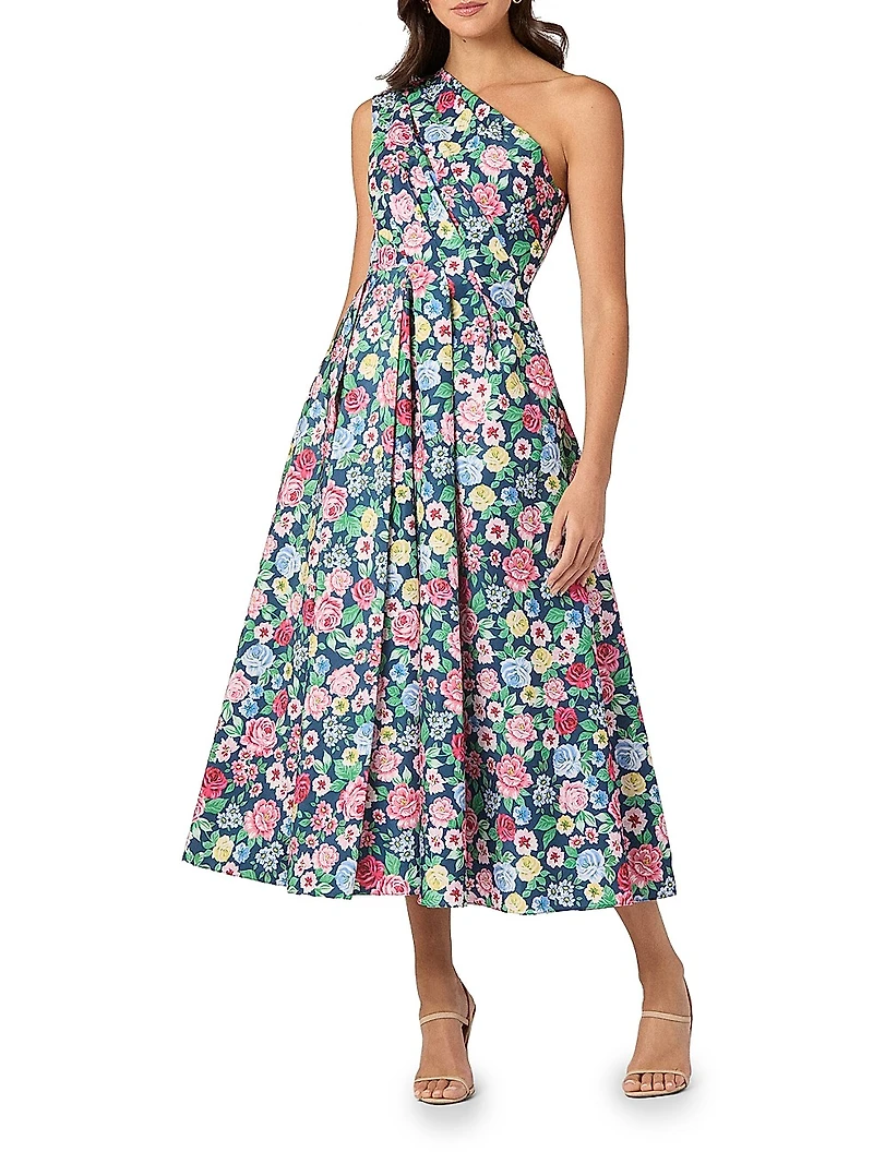 Edina Floral Pleated One-Shoulder Midi-Dress