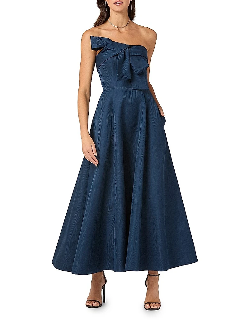 Odyssey Moire Bow Strapless Midi-Dress