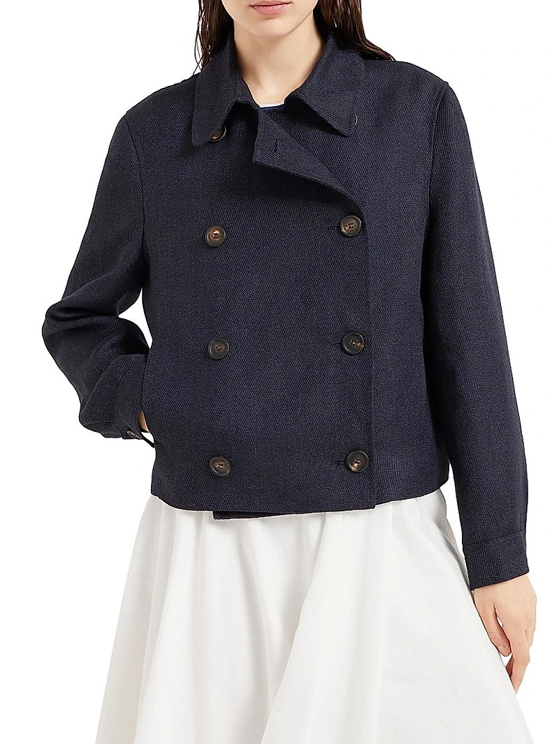 Linen Cover Cropped Pea Coat with Monili