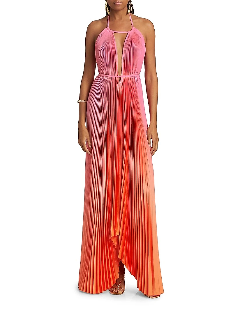 Boheme Ombré Pleated Plunging V-Neck Gown