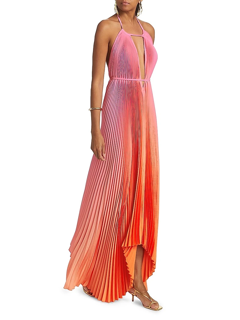 Boheme Ombré Pleated Plunging V-Neck Gown