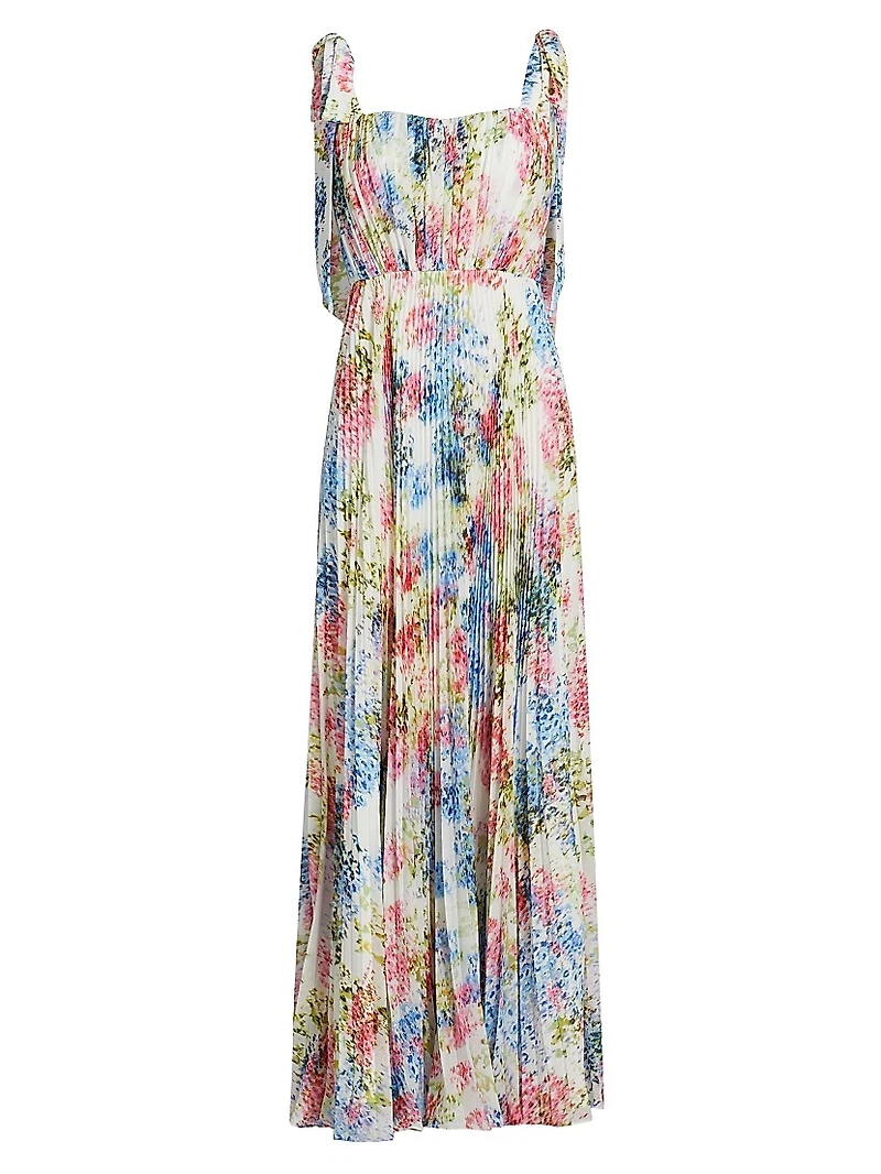 Lexie Floral Plissé Chiffon Tie-Strap Gown