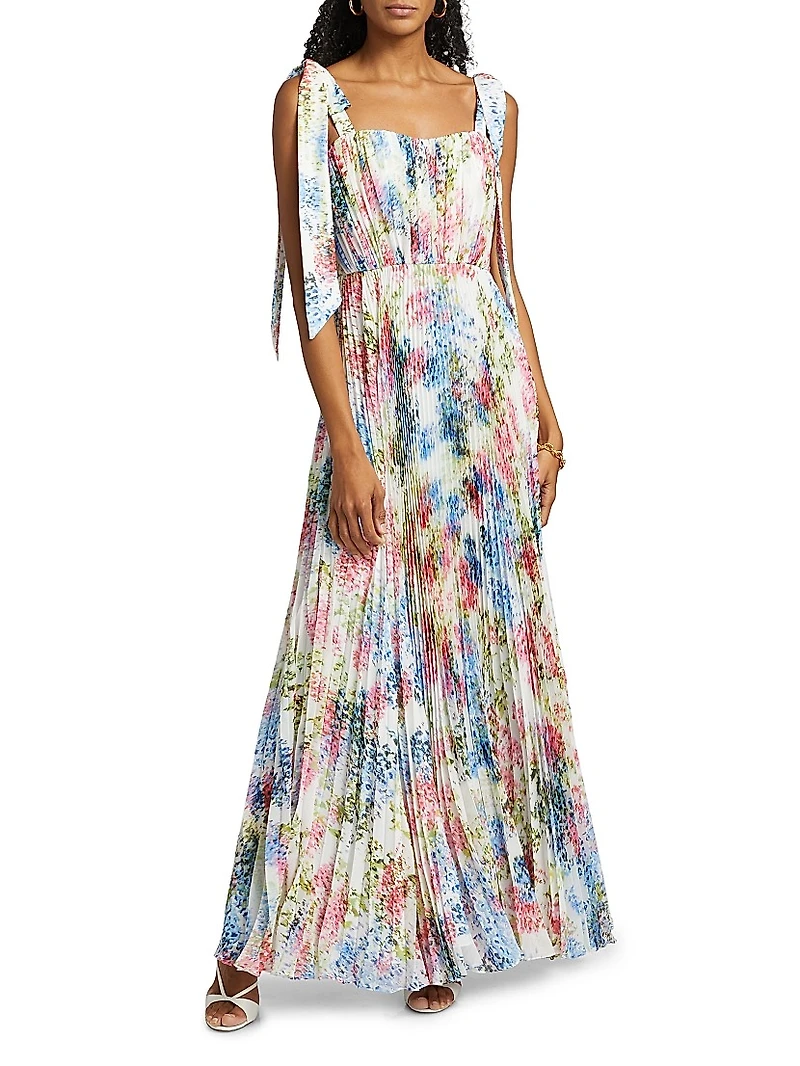 Lexie Floral Plissé Chiffon Tie-Strap Gown