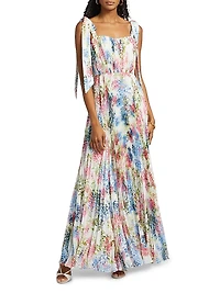 Lexie Floral Plissé Chiffon Tie-Strap Gown