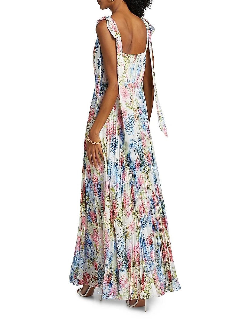 Lexie Floral Plissé Chiffon Tie-Strap Gown