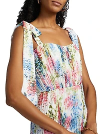 Lexie Floral Plissé Chiffon Tie-Strap Gown