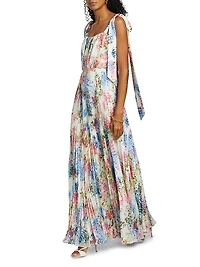 Lexie Floral Plissé Chiffon Tie-Strap Gown