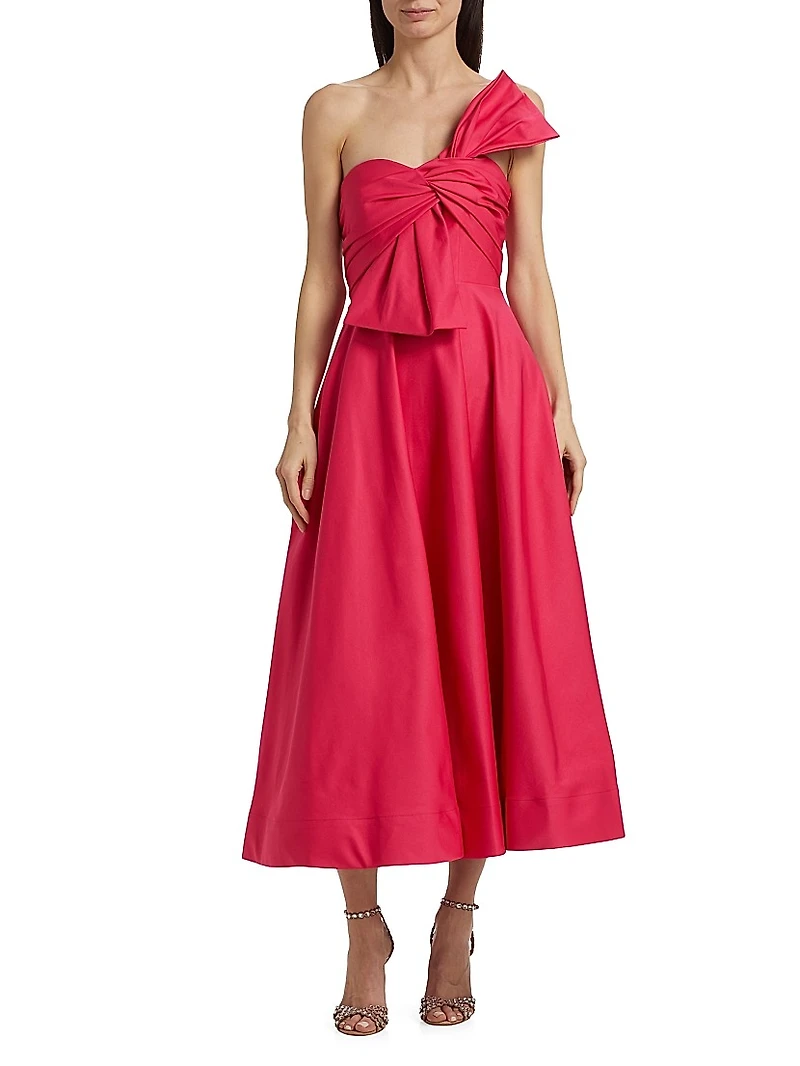 Sylvie Faille Bow Sateen One-Shoulder Midi-Dress