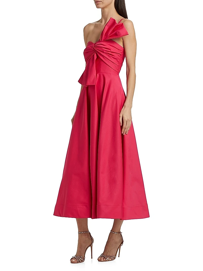 Sylvie Faille Bow Sateen One-Shoulder Midi-Dress