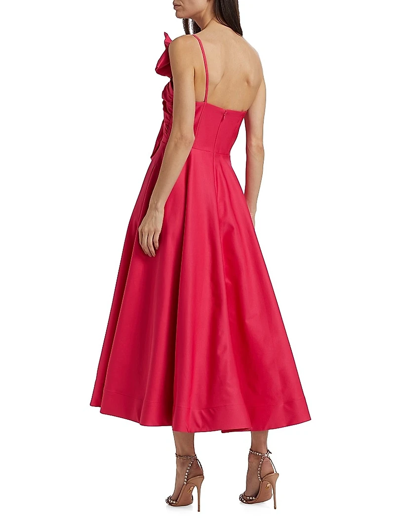 Sylvie Faille Bow Sateen One-Shoulder Midi-Dress