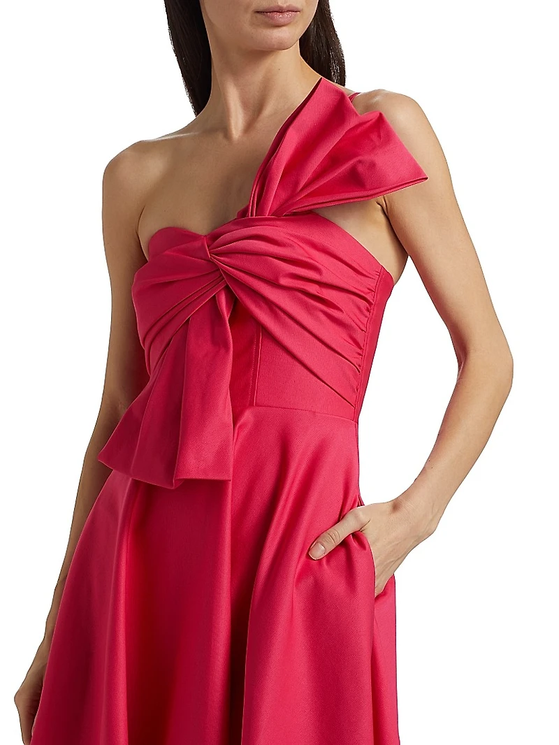 Sylvie Faille Bow Sateen One-Shoulder Midi-Dress