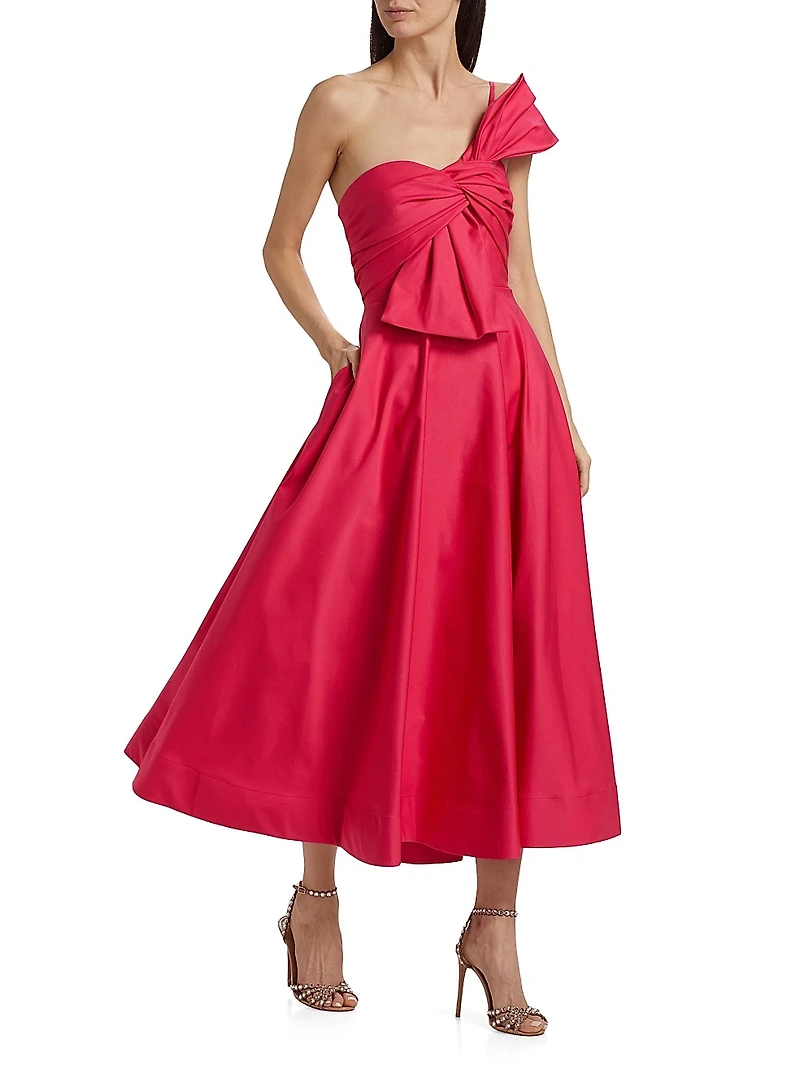 Sylvie Faille Bow Sateen One-Shoulder Midi-Dress