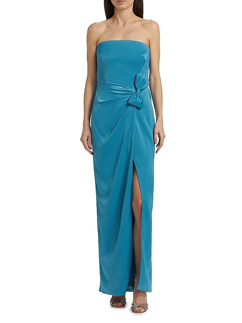 Ceil Satin Strapless Bow-Waist Tulip-Hem Gown
