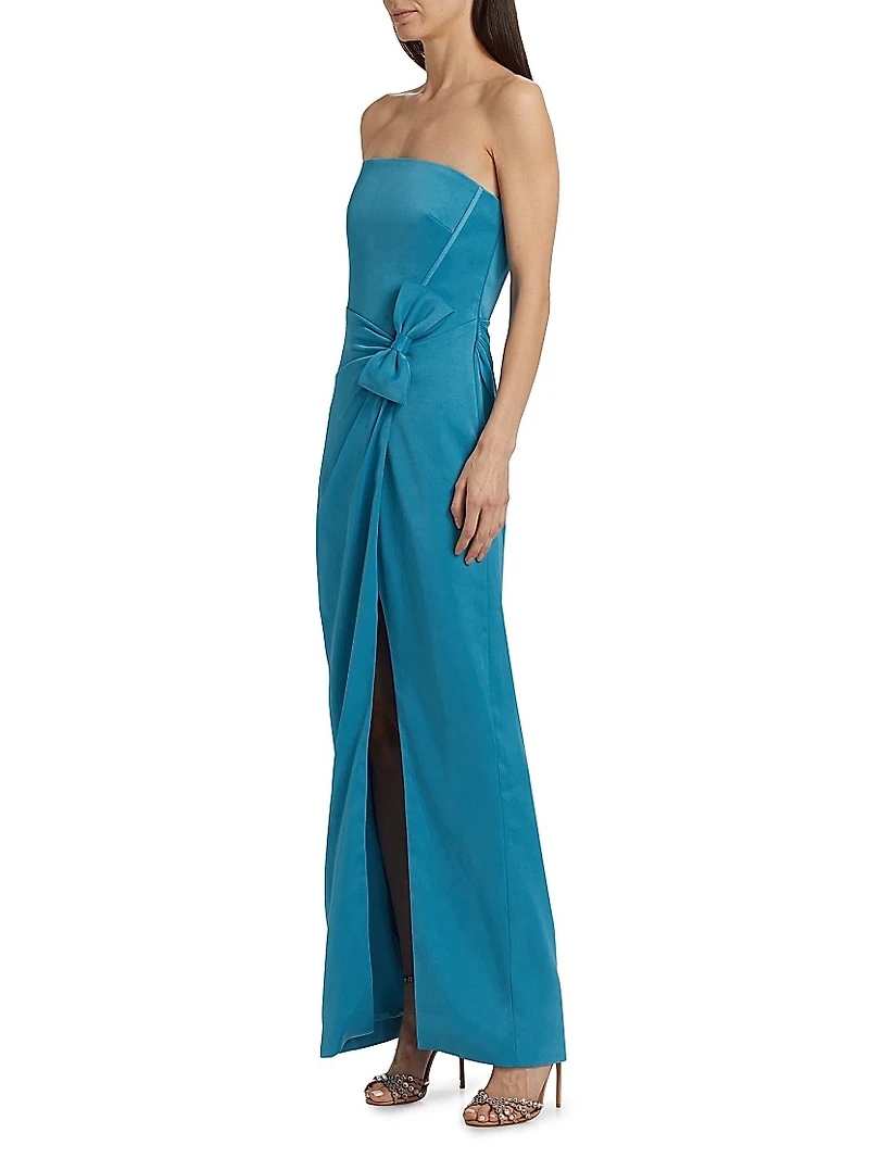 Ceil Satin Strapless Bow-Waist Tulip-Hem Gown