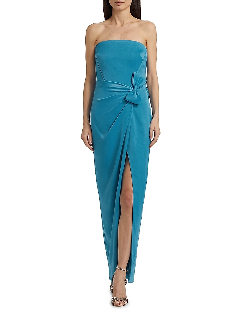 Ceil Satin Strapless Bow-Waist Tulip-Hem Gown