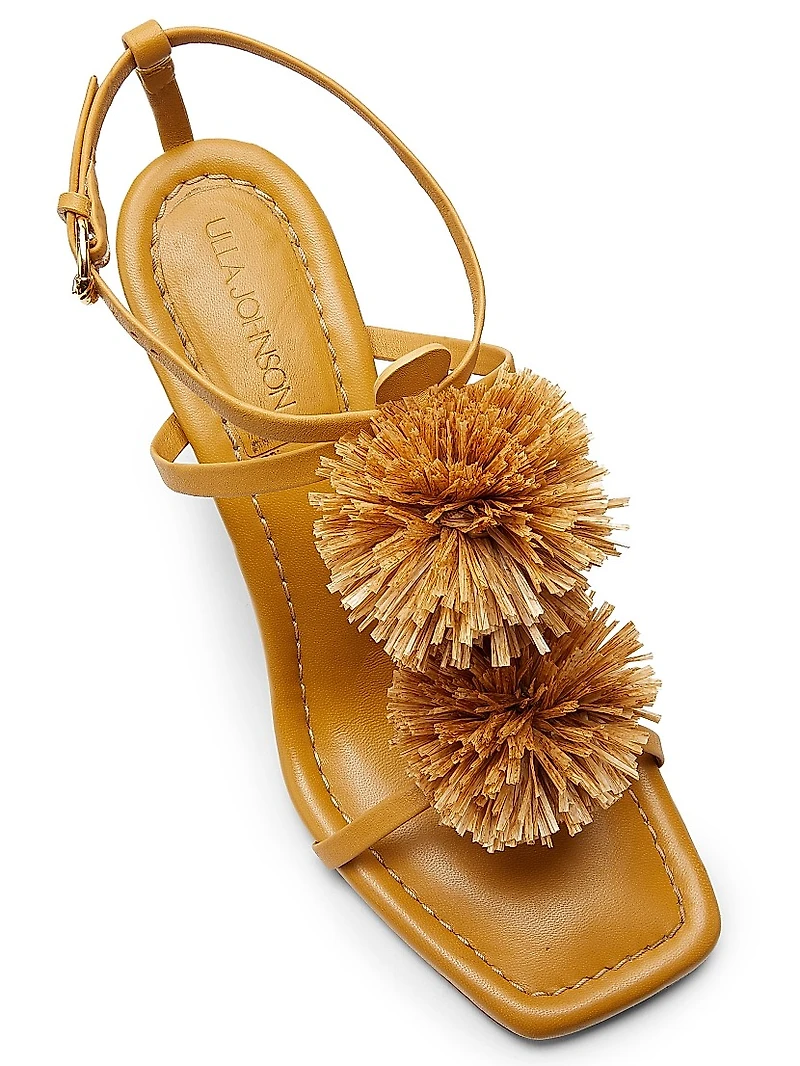 Isolde High Heel 95MM Pom-Pom Leather & Raffia Sandals