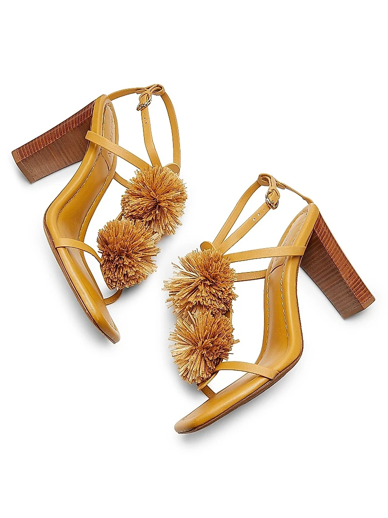 Isolde High Heel 95MM Pom-Pom Leather & Raffia Sandals