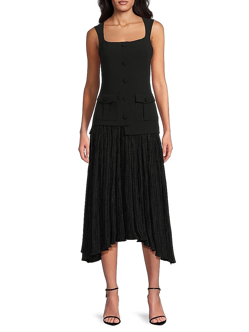 Vianey Metallic-Knit Sleeveless Combo Midi-Dress