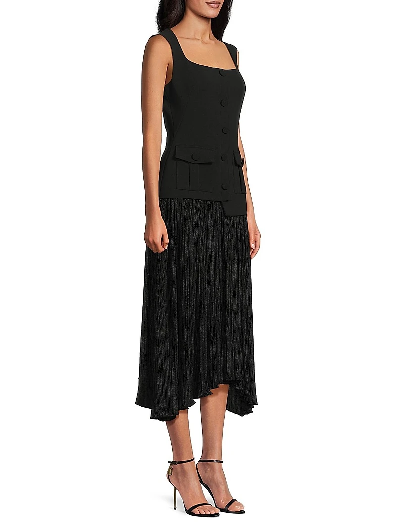 Vianey Metallic-Knit Sleeveless Combo Midi-Dress