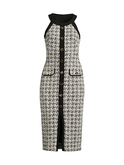 Aura Herringbone Knit Bouclé Sleeveless Midi-Dress