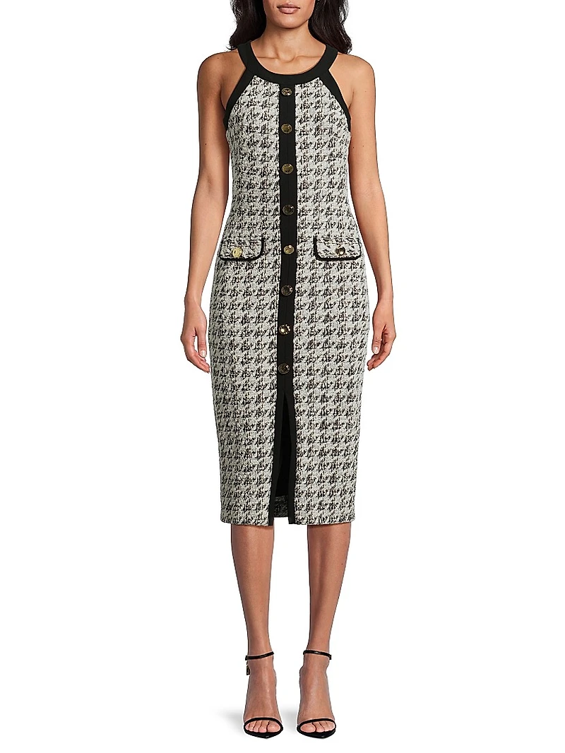 Aura Herringbone Knit Bouclé Sleeveless Midi-Dress