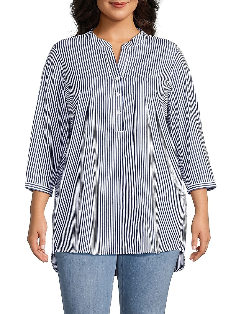 Plus Derrington Striped Cotton Button-Front Tunic