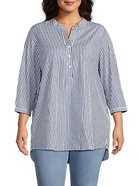 Plus Derrington Striped Cotton Button-Front Tunic