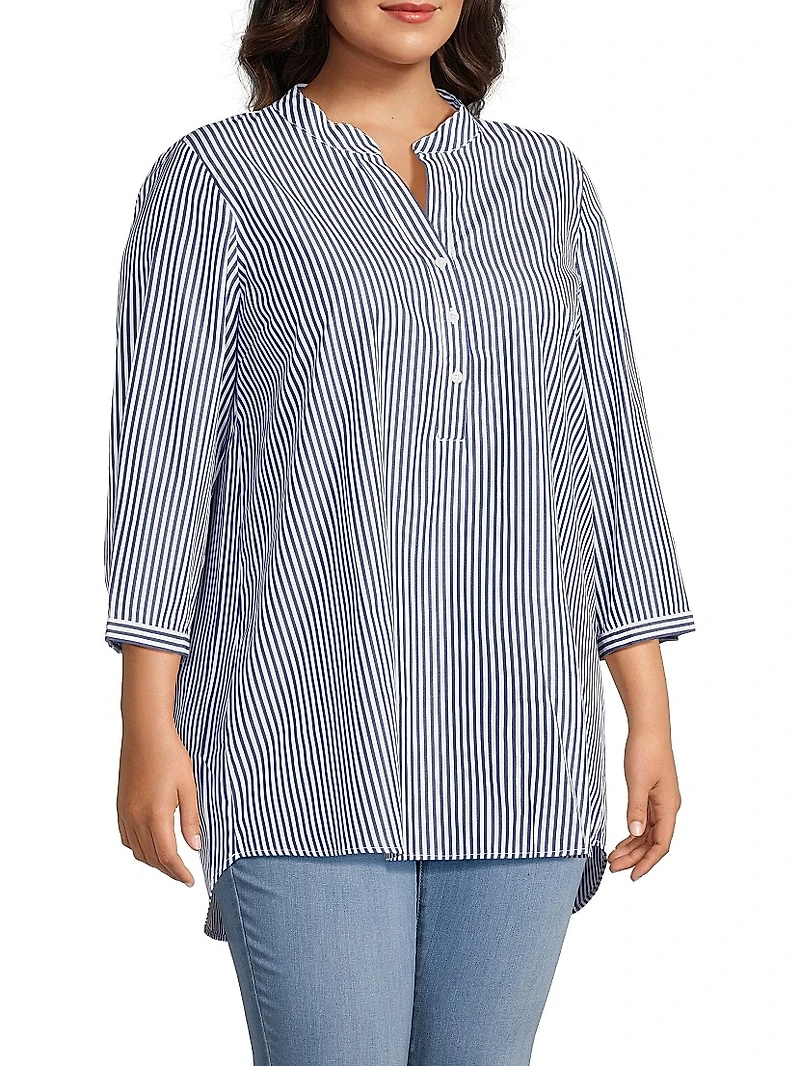 Plus Derrington Striped Cotton Button-Front Tunic