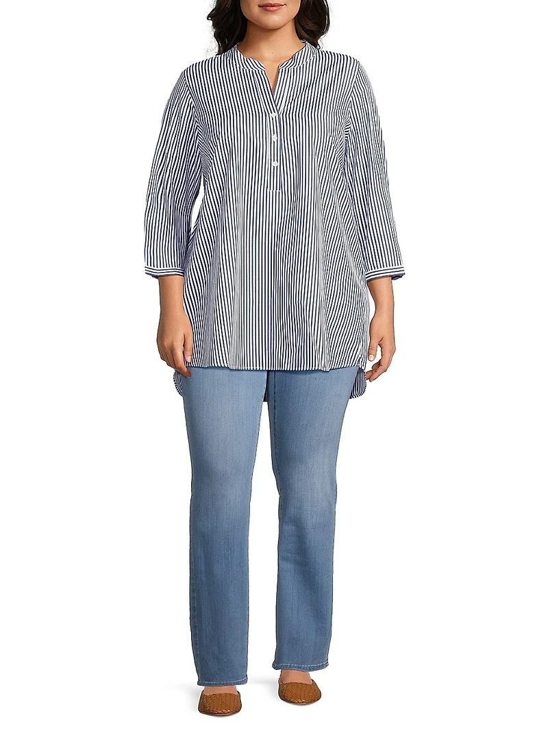 Plus Derrington Striped Cotton Button-Front Tunic