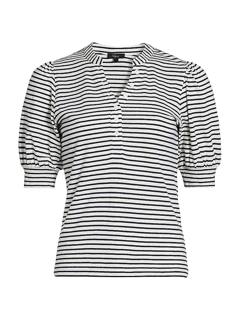 Jewel Striped Cotton Puff-Sleeve Henley