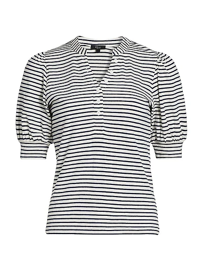 Jewel Striped Cotton Puff-Sleeve Henley