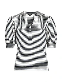 Jewel Striped Cotton Puff-Sleeve Henley