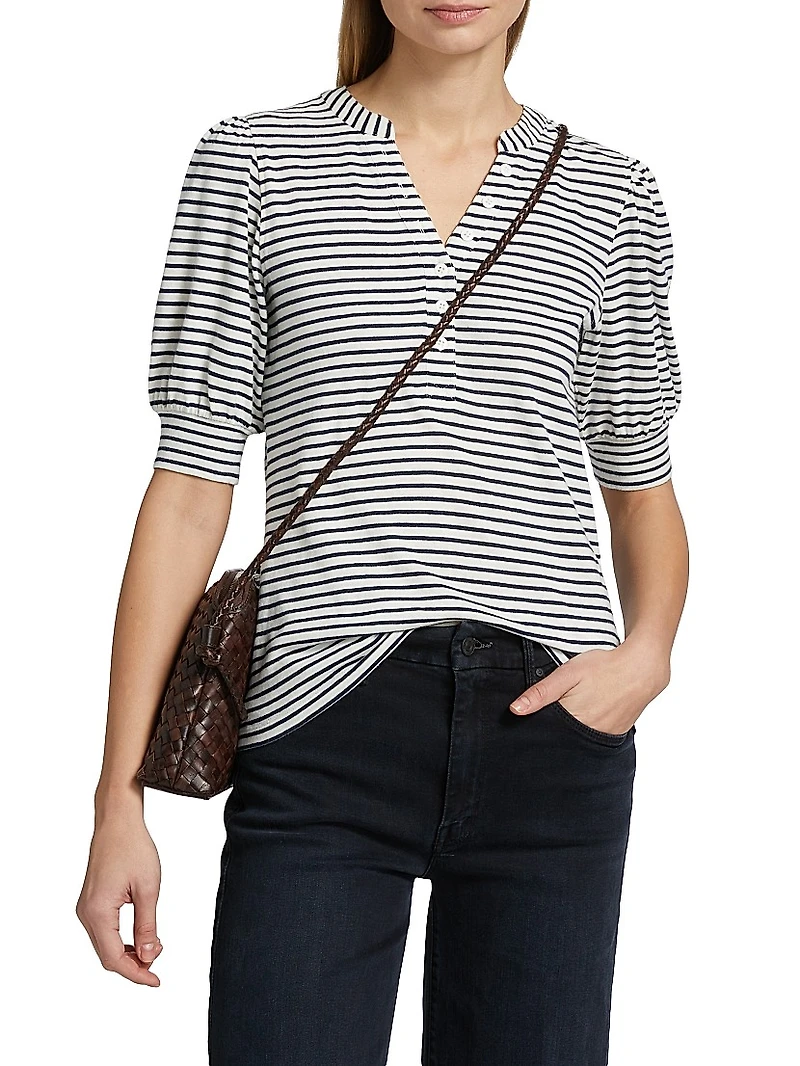 Jewel Striped Cotton Puff-Sleeve Henley
