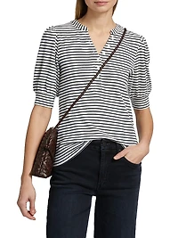 Jewel Striped Cotton Puff-Sleeve Henley