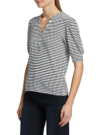 Jewel Striped Cotton Puff-Sleeve Henley