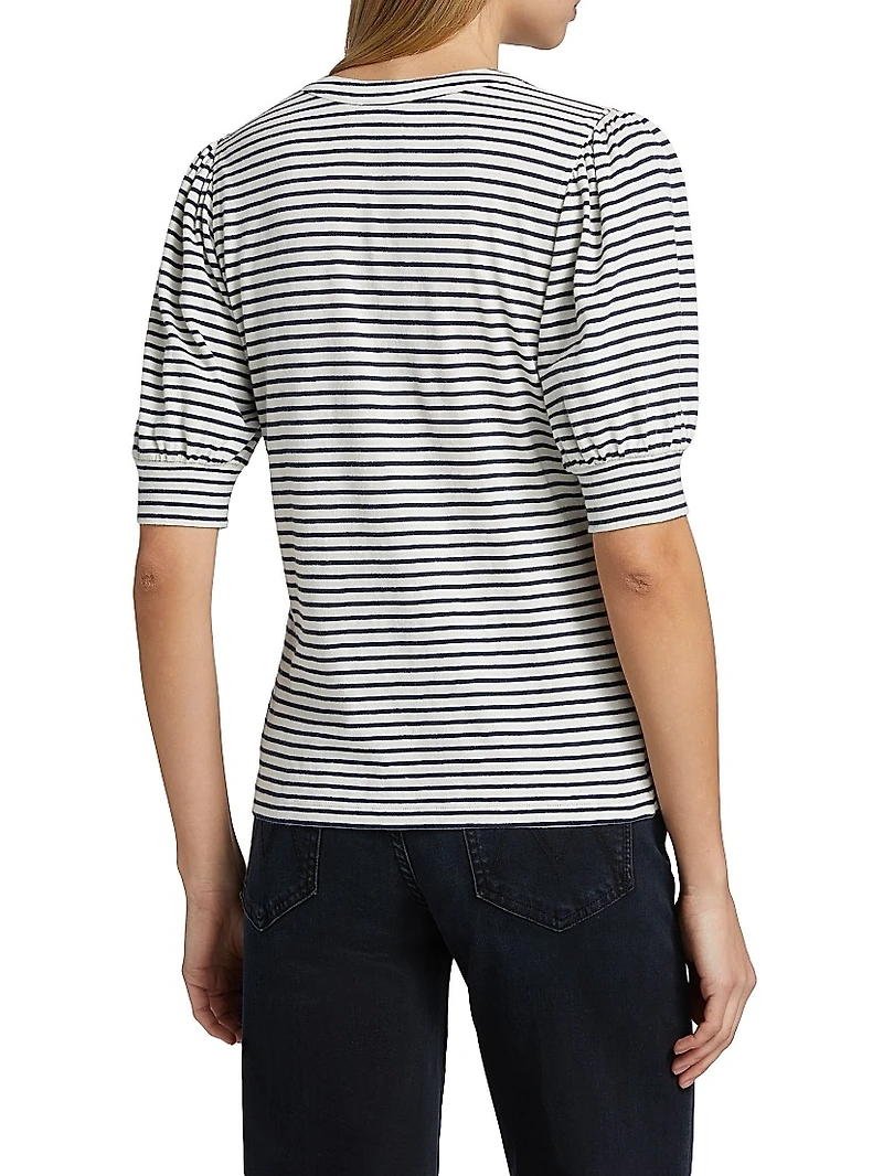 Jewel Striped Cotton Puff-Sleeve Henley
