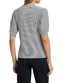 Jewel Striped Cotton Puff-Sleeve Henley