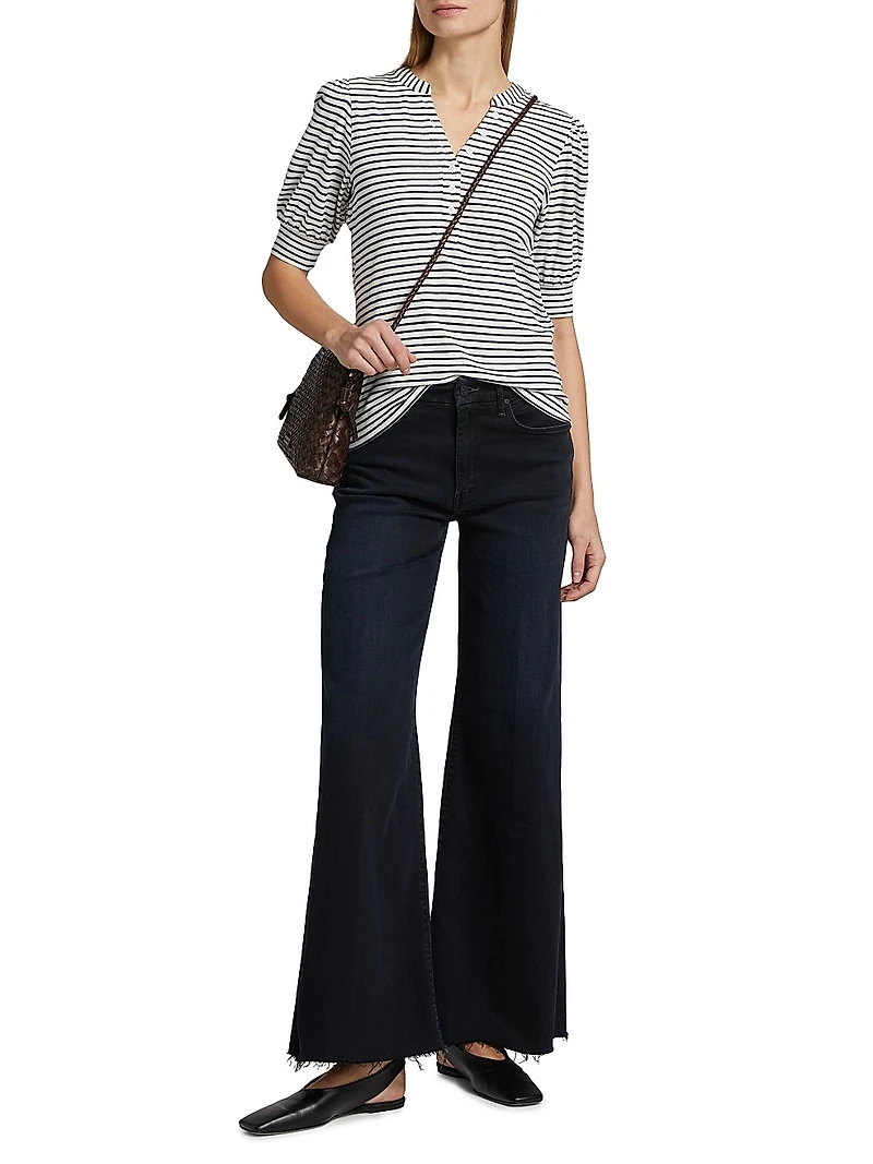 Jewel Striped Cotton Puff-Sleeve Henley