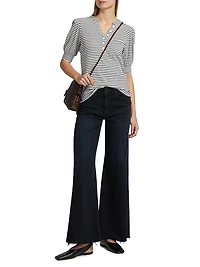 Jewel Striped Cotton Puff-Sleeve Henley