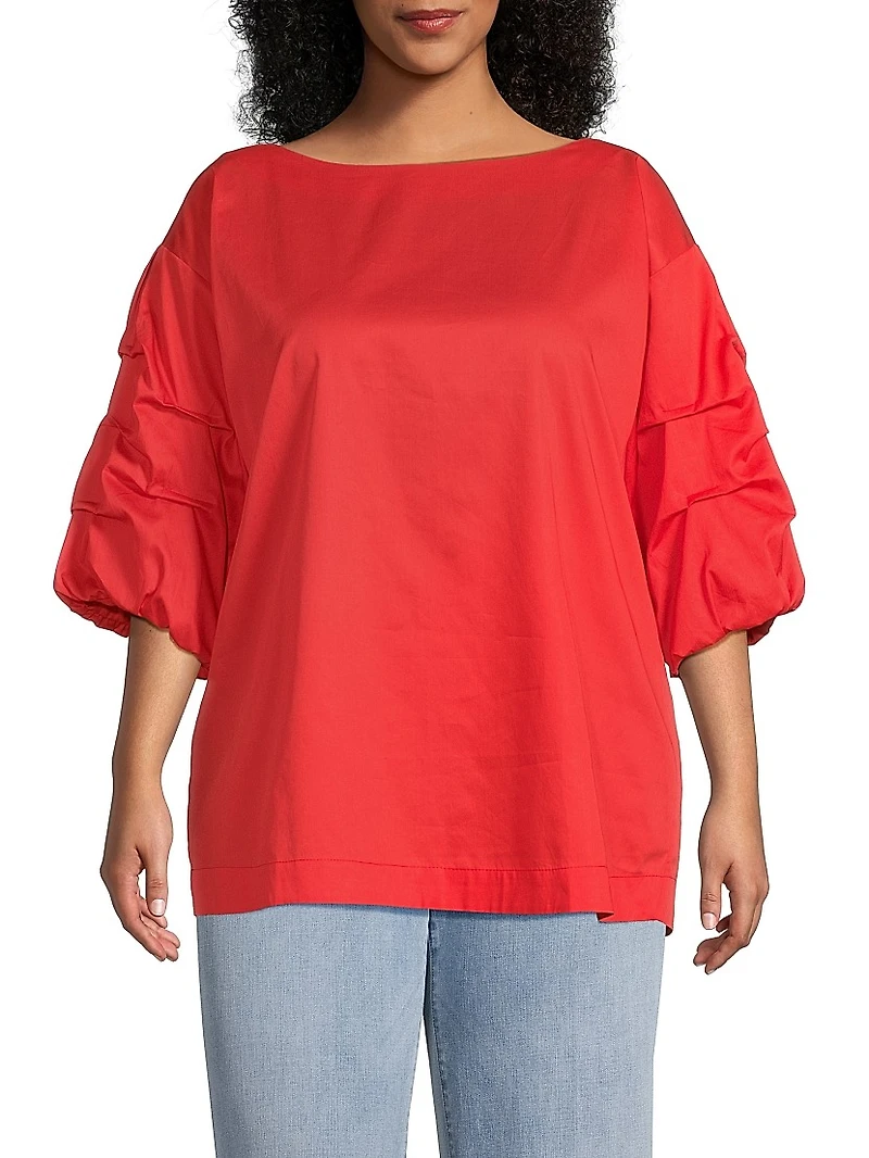 Plus Balia Popover Cotton Gathered-Sleeve Blouse