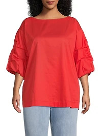 Plus Balia Popover Cotton Gathered-Sleeve Blouse