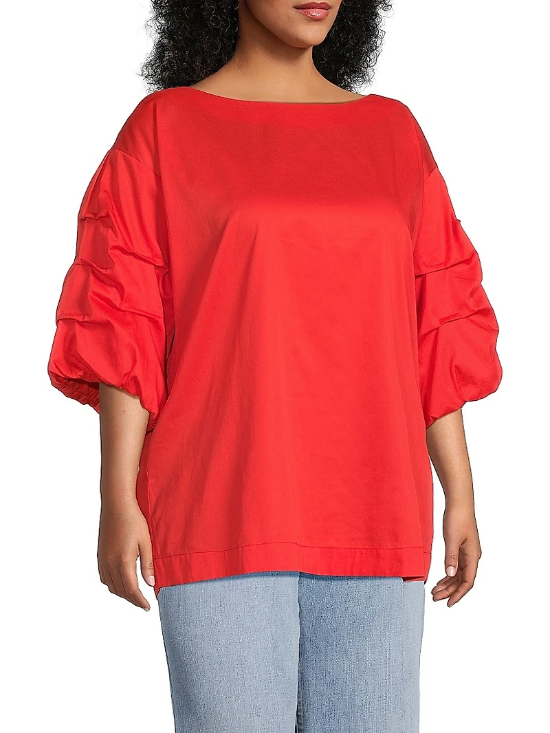 Plus Balia Popover Cotton Gathered-Sleeve Blouse