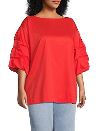 Plus Balia Popover Cotton Gathered-Sleeve Blouse