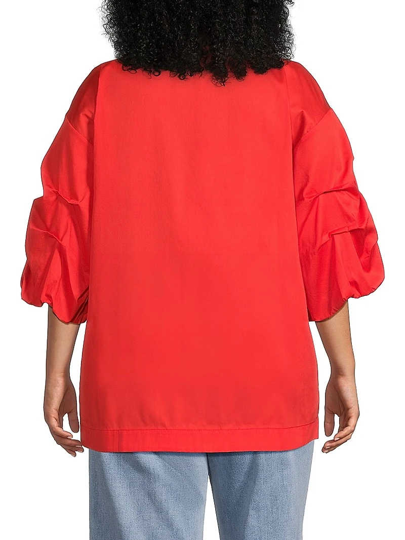Plus Balia Popover Cotton Gathered-Sleeve Blouse